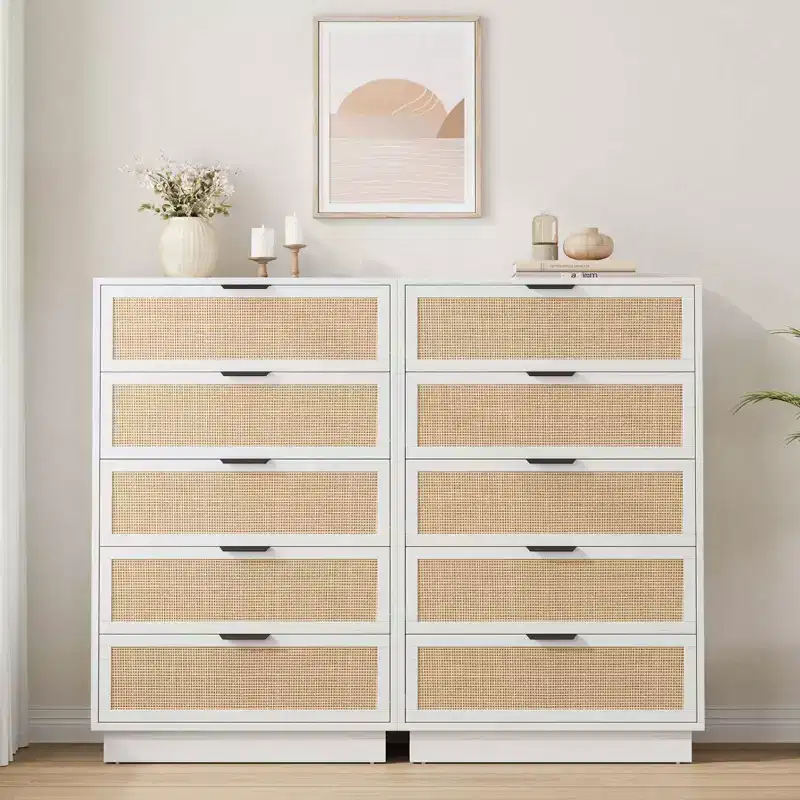 Rattan 5 Drawer Dresser, 46.7in Tall Antique White 5 Chest of Drawers with Metal Handles and Wooden Sturdy Base for Bedroom Living Room Nursery