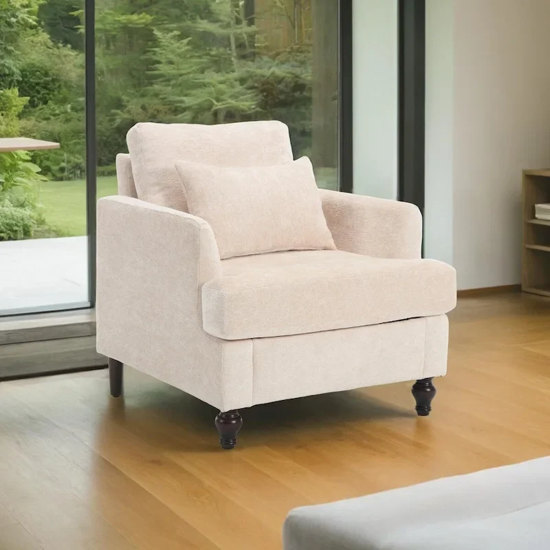 Chenille Single Sofa Chair, Upholstered Accent Chair with Soft Pillow, Mid Century Modern Reading Armchair
