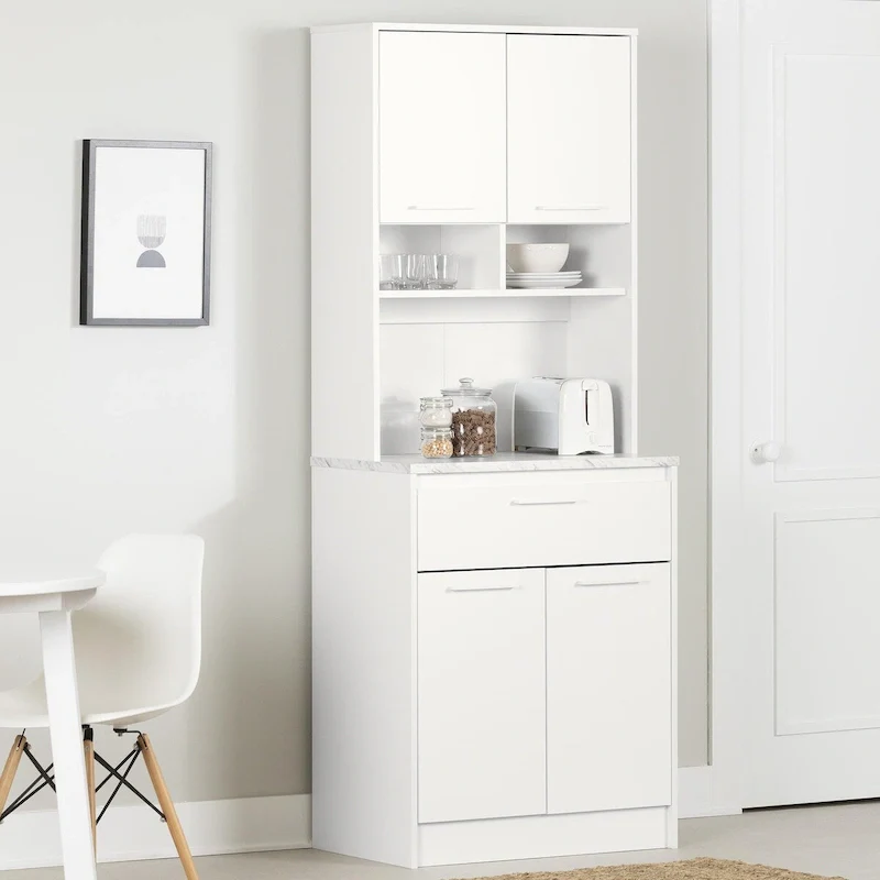 Faux White Marble & White | 2-Door Pantry Cabinet with Hutch & Drawer
