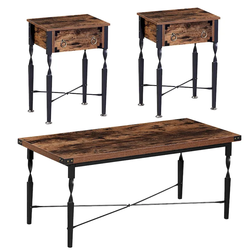 Set of 3 Coffee Table Sets with Coffee Table + 2 End Tables, X-Shaped Design, Rustic Brown