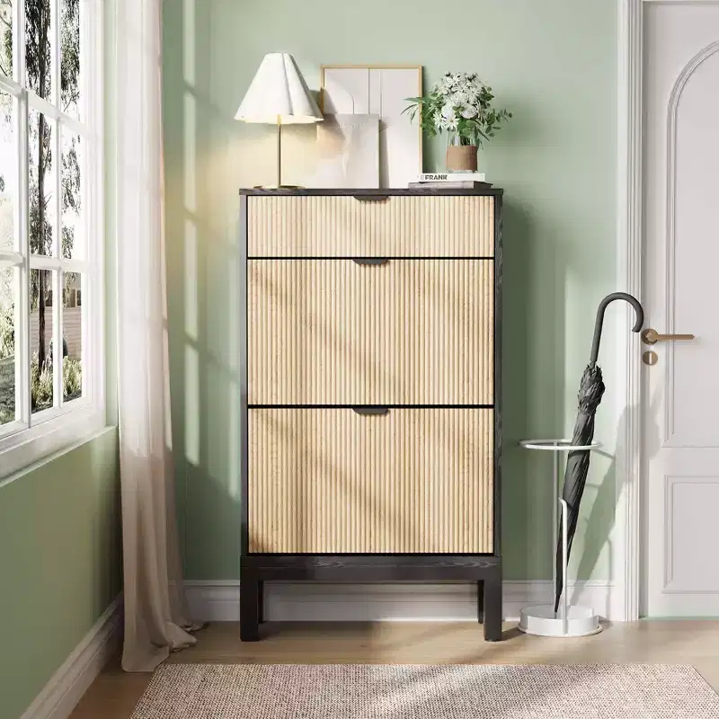 Fluted Shoe Cabinet with 2 Flip Drawers, Freestanding Hidden Slim Narrow Shoe Rack with Adjustable Shelves for Entryway