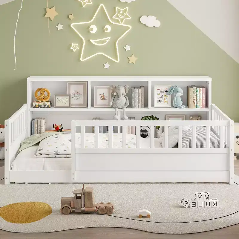 Twin Size Floor Bed with Fence Guardrail and Side Storage, Wooden Kids Montessori Bed, White