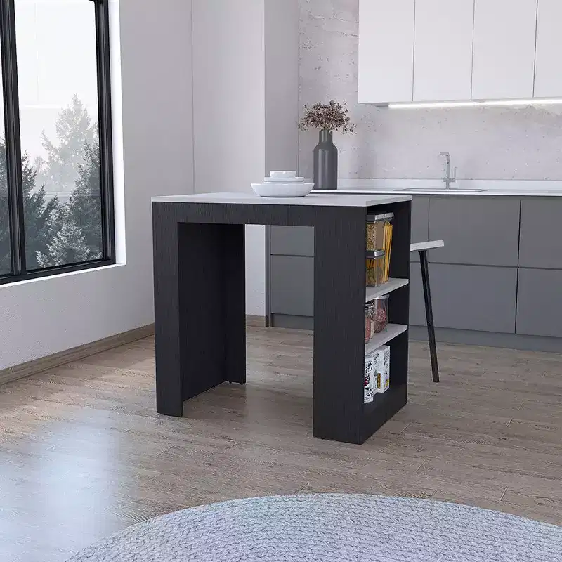 Modern Kitchen Island with Counter Height Table Top, 3 Side Shelves, Countertop Organizer