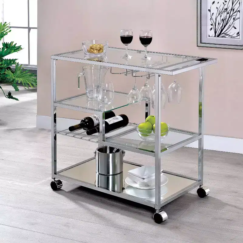 24/7 Shop At Home Kayla Cart Chrome: Tempered Glass Shelves, Wine & Stemware Racks, Rolling Design