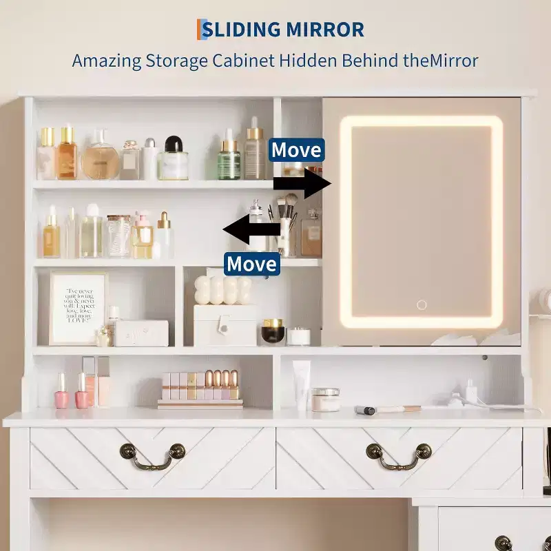 White Vanity Desk with Sliding Mirror & Lights, Makeup Table with Stool, Charging Station, Storage and Hair Dryer Rack