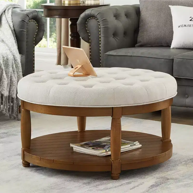 Modern Wooden Round Linen Upholstered Tufted Ottoman with Shelf Storage