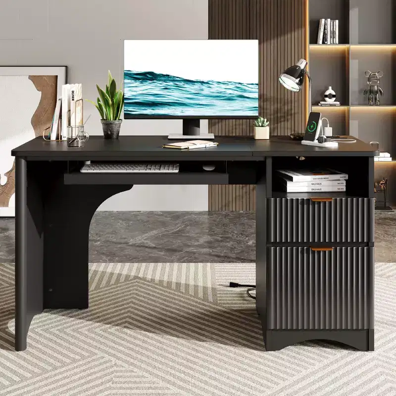 55 Computer Writing PC Desk Home Office with Power Outlets Keyboard Tray and Storage Drawers
