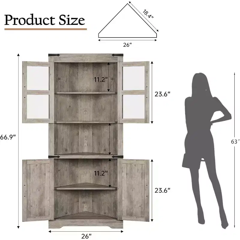 Rustic Farmhouse Tall Corner Cabinet,18.4x26x67with Glass Doors & Adjustable Shelves,Corner Storage for Kitchen,Living Room,Bathroom,Laundry Room