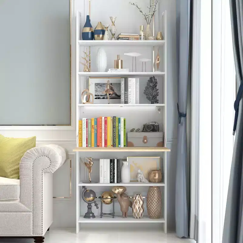 Famapy White Wall-Mounted Bookshelf & Display Rack with Hidden Drop-Down Desk & LED Lighting