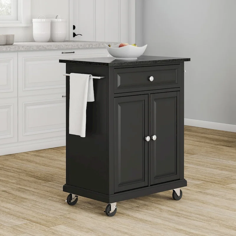 Crosley Compact Solid Black Granite Top Portable Kitchen Cart/ Island in Black Finish - 18d x 31w x 35.5h