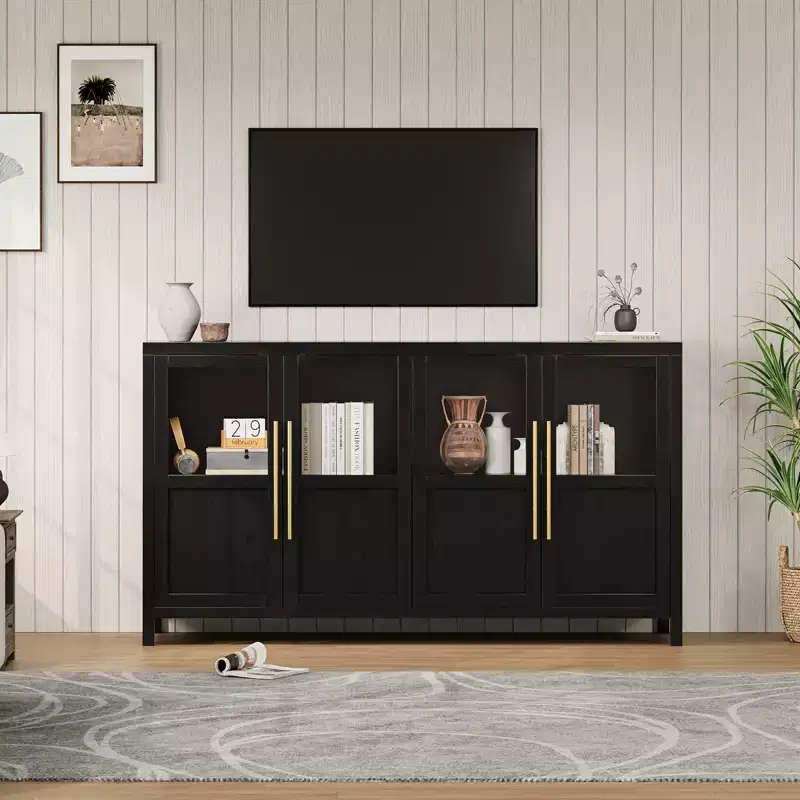 Black / Grey / Wood Color Buffet Sideboard Cabinet with Glass Doors, 4-Door, 1-Person Assembly