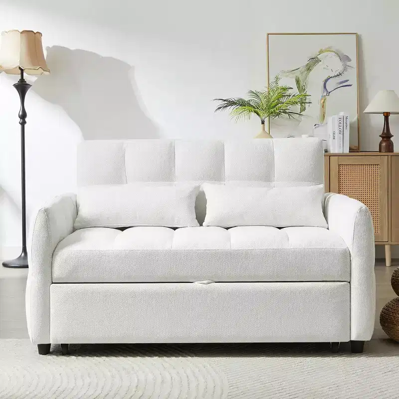 52.8 Pull-Out Sleeper Loveseat with Adjustable Backrest, 3 USB Ports & Lumbar Pillows - Chenille Tufted Sofa Bed for Small Spaces
