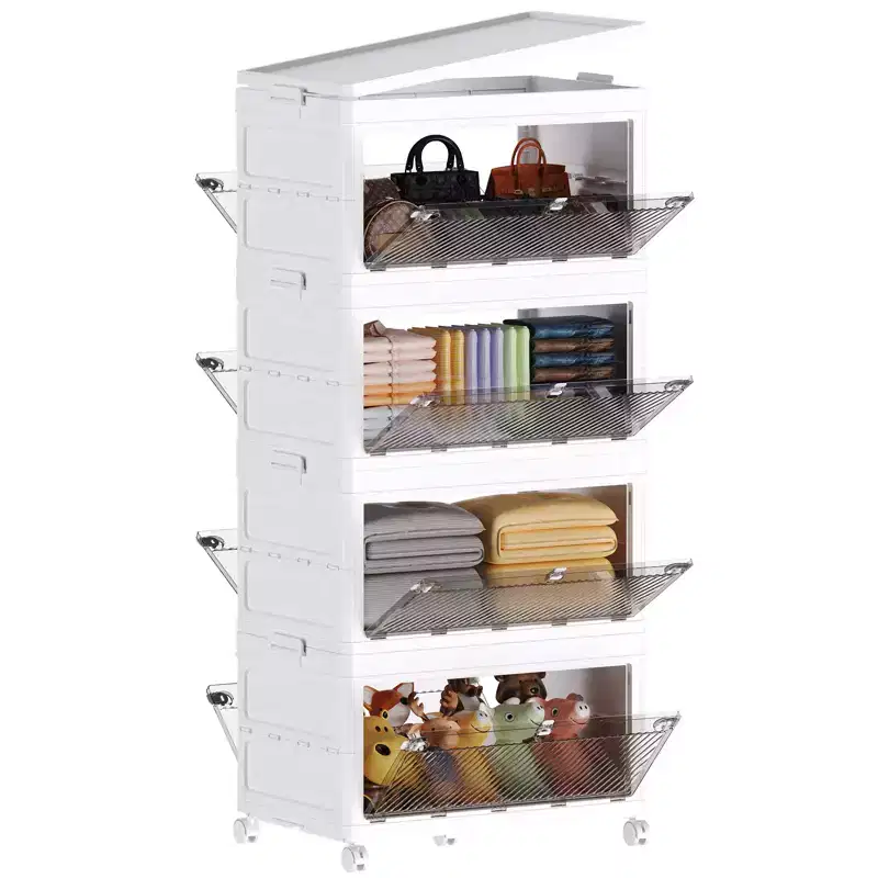 4-Tier 88 qt. Collapsible Storage Bins Stackable Plastic Organizers in White