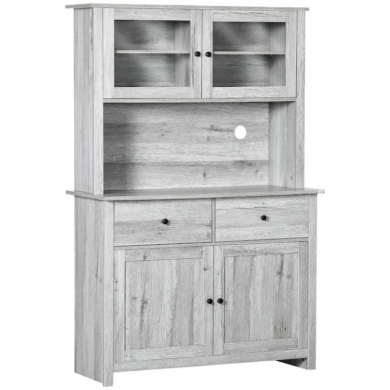 Kitchen Buffet with Hutch, Pantry Storage Cabinet with 4 Shelves, Drawers, Framed Glass Doors, Open Microwave Countertop