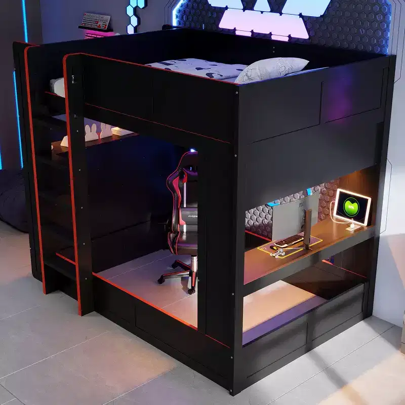 Full Wood Gaming Bunk Bed with Built-in Desk, Storage Shelves - Black