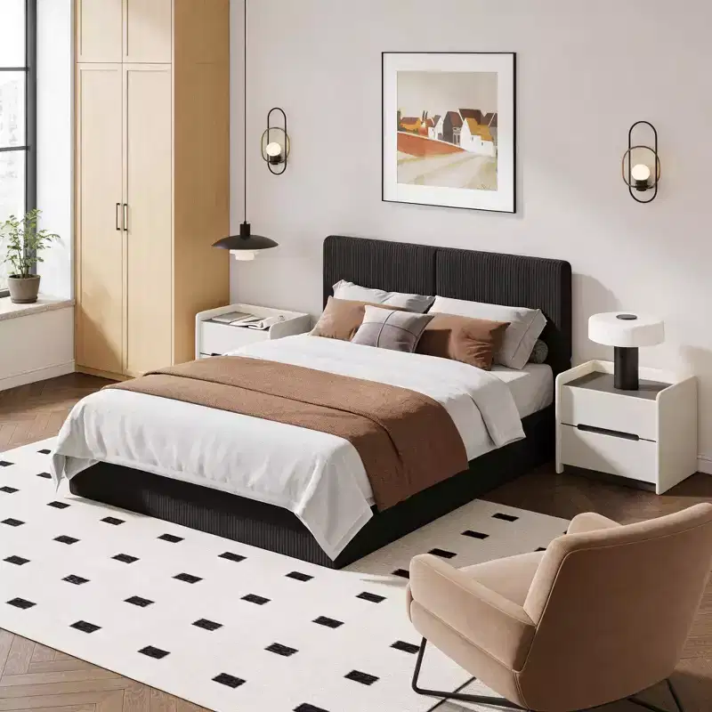 Upholstered Platform Bed Frame with Wood Slat Support for Bedroom