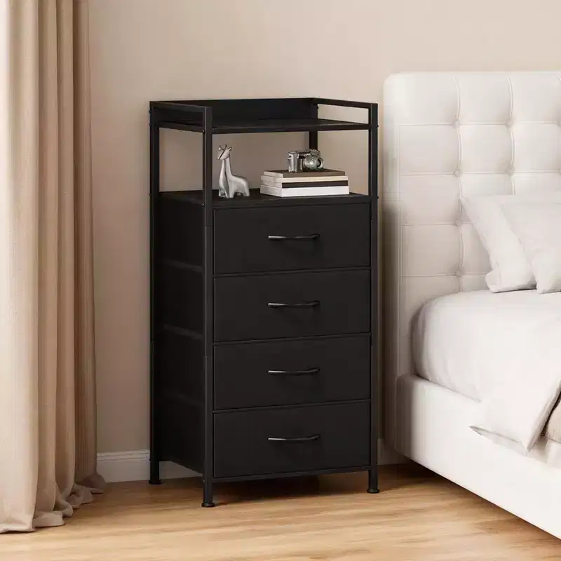 Bedside Table with 4 Fabric Drawers & Open Shelf - Multi-Functional Nightstand for Bedroom, Living Room & Office