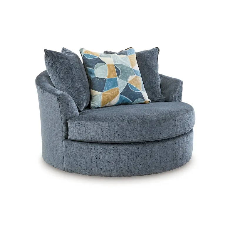 Maxo Accent Oversize Chair, 56 Inch, 360 Swivel, 3 Throw Pillows, Blue