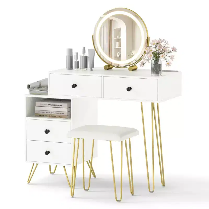 Costway Vanity Desk w/ Mirror Lights Built-in Power Outlet 4 Storage Drawers Stool