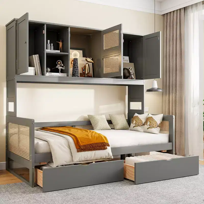 Twin/Full Daybed with Storage Bookcase, Wooden Day Bed with Storage Cabinets and Shelves