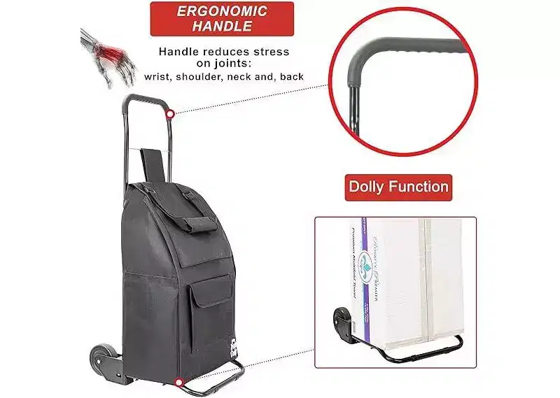 dbest products Trolley Dolly Compact Foldable Shopping Cart for Groceries with Wheels, Removable Bag And Rolling Personal Tote Handtruck Standard