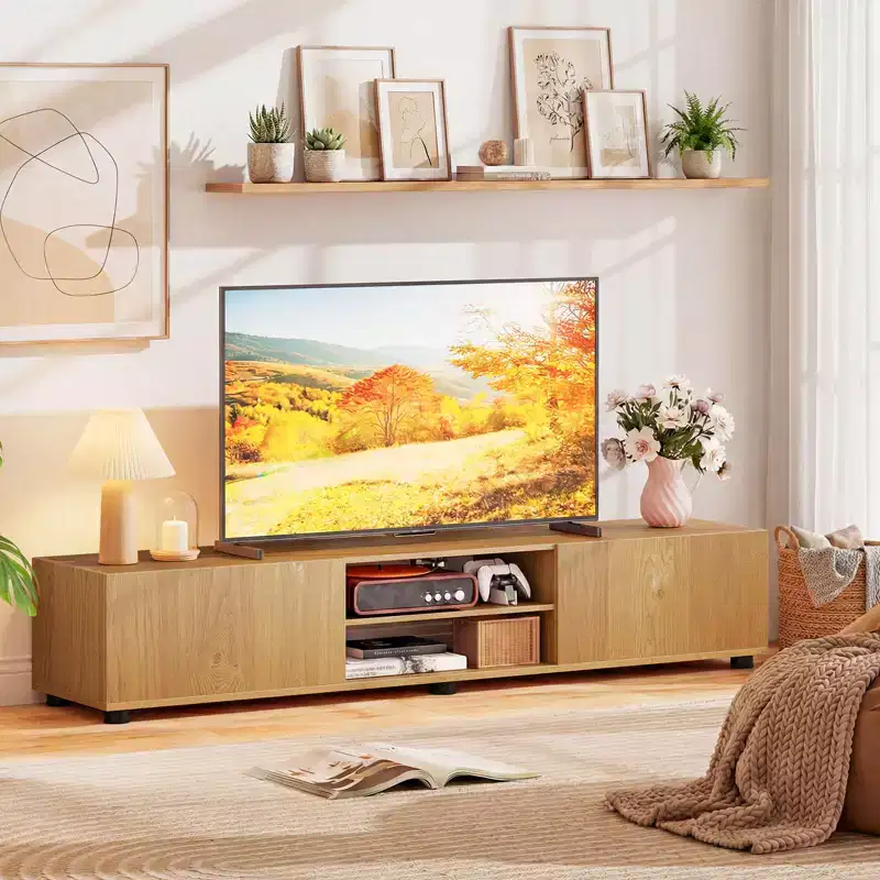 Costway TV Stand for up to 70 TVs, Media Console Table with Double Doors & Open Shelves Rustic Brown/Natural/White