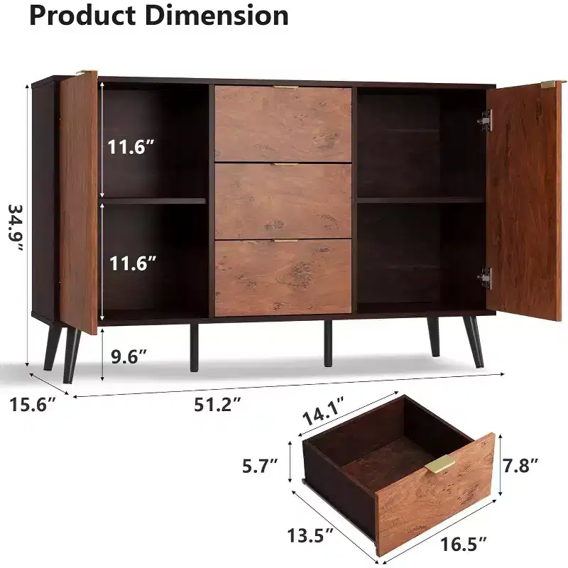 51.2 Farmhouse Sideboard Buffet Cabinet with 3 Drawers, Burl Texture, and Open Shelves, Walnut Finish