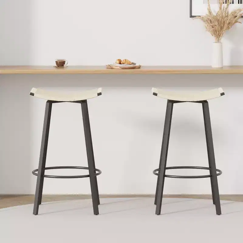 MAYEERTY Set of 2 Backless Counter Height Bar Stools PVC Woven Round Footrest Indoor Outdoor Use Black Creamy White