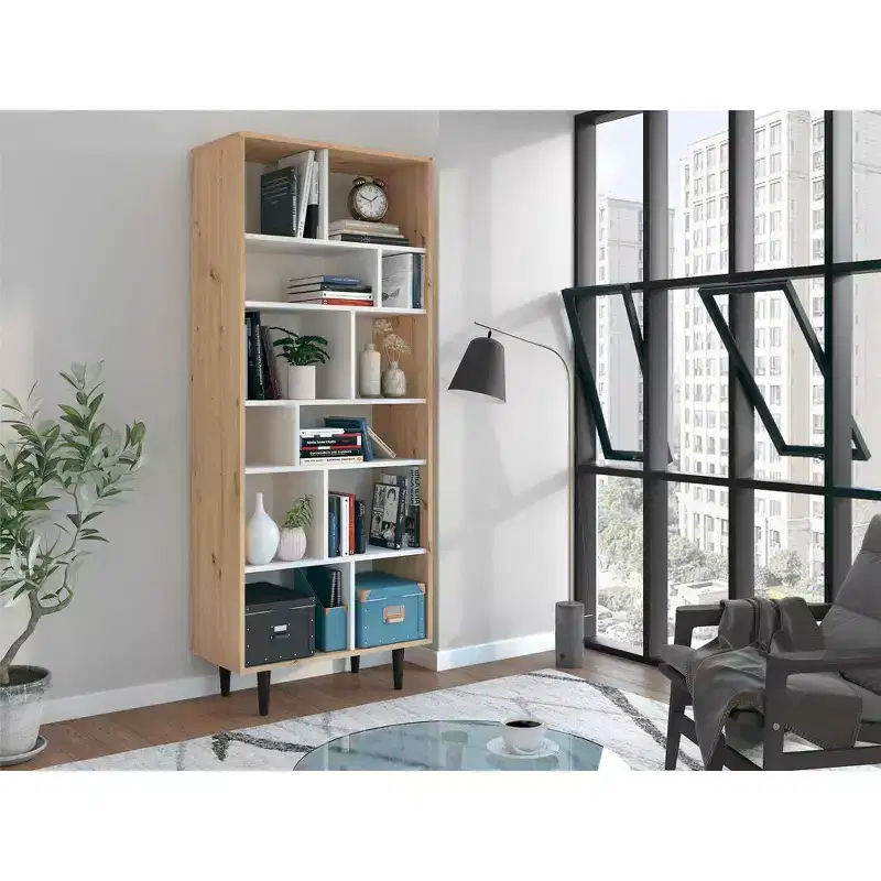 Ren Home Rakel Multi-Tiered Wooden Bookcase, Oak and White