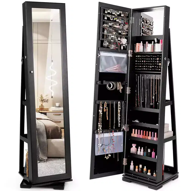 Costway 360degree Rotatable Jewelry Cabinet 2-in-1 Lockable Mirrored Organizer White/Black/Dark Brown/Gray/Blue/Pink/Purple/Dark Gray