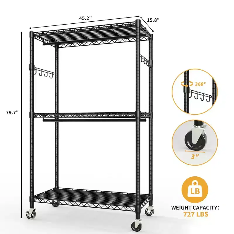 Rolling Clothes Rack, 75.6H Heavy Duty Metal Garment Rack with Wheels, 1 Hanger Rod, Adjustable Shelves & Side Hooks, Portable Clothes Wire Rack