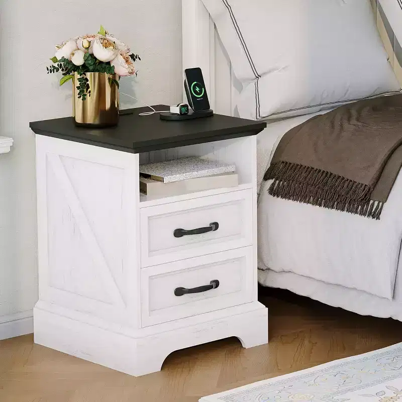 Farmhouse Rustic Nightstand with Charging Station, Modern Wood Bedside Table with 2 Drawers & Open Shelf, White Accent End Table