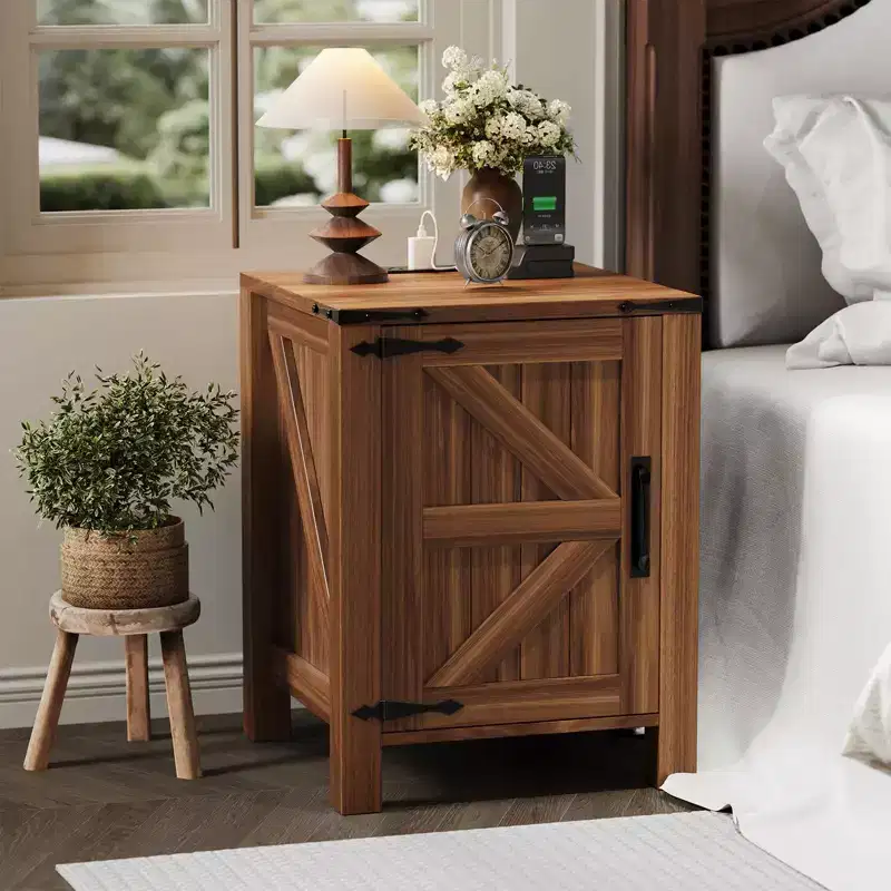 Set of 2 Farmhouse Nightstands with Charging Station, 18 Wooden Bedside Tables with Sliding Barn Door,Modern 2-Tier End Tables for Bedroom