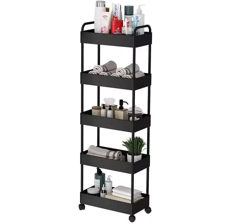 5-Tier Slim Storage Trolley on Wheels, Plastic Slide Out Rolling Utility Cart with Handle, Mobile Shelving Unit, Narrow Shelf Unit Storage Rack, Black