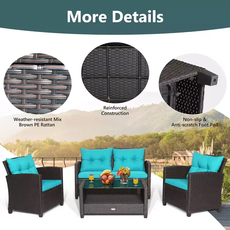 Costway 8 PCS Patio Rattan Furniture Set Glass Table Shelf Sofa Cushion Black/Red/Turquoise/Navy/Gray