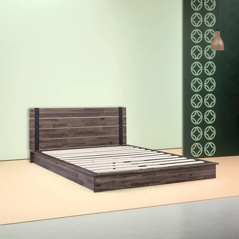 Full Size Low Profile Platform Bed Frame with Slatted Headboard