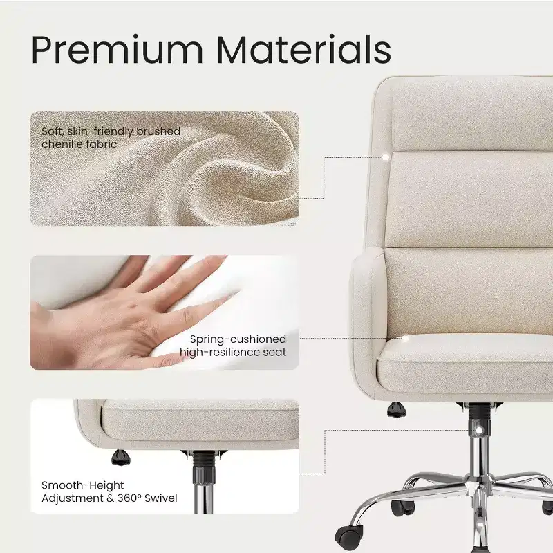 Adjustable Office Chair with 360 Swivel, Premium Chenille Upholstery, Spring-Foam Cushion, and Quiet Rollerblade Casters