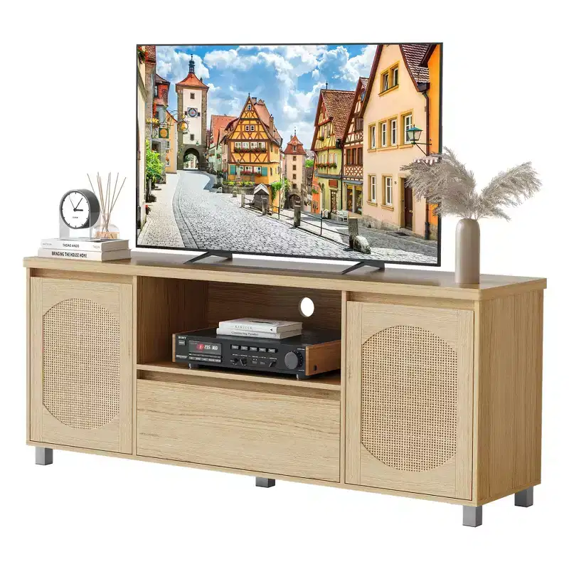Rattan TV Stand for up to 70 TVs, Boho Entertainment Center with Adjustable Shelf & Storage Drawer, Oak