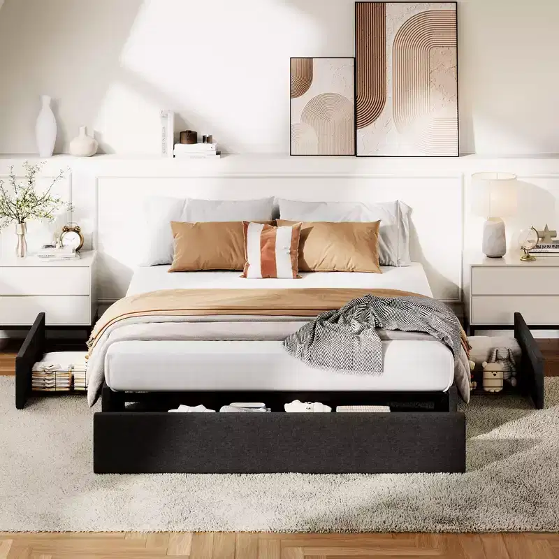 Wood Linen Upholstered Bed Frame with No Headboard and 3 Storage Drawers