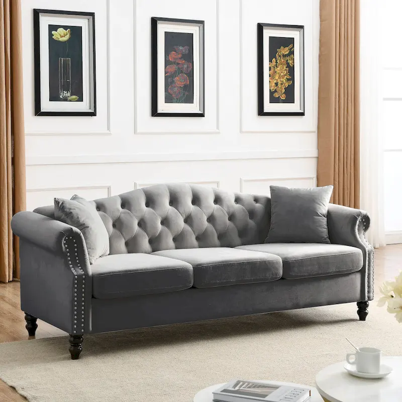 Chesterfield 3-Seater Upholstered Tufted Sofa with Rolled Arms and Nailhead