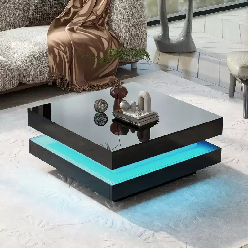 High Gloss Minimalist Design Coffee Table with LED Lights, 2-Tier Square, 31.5x31.5x14.2', Black