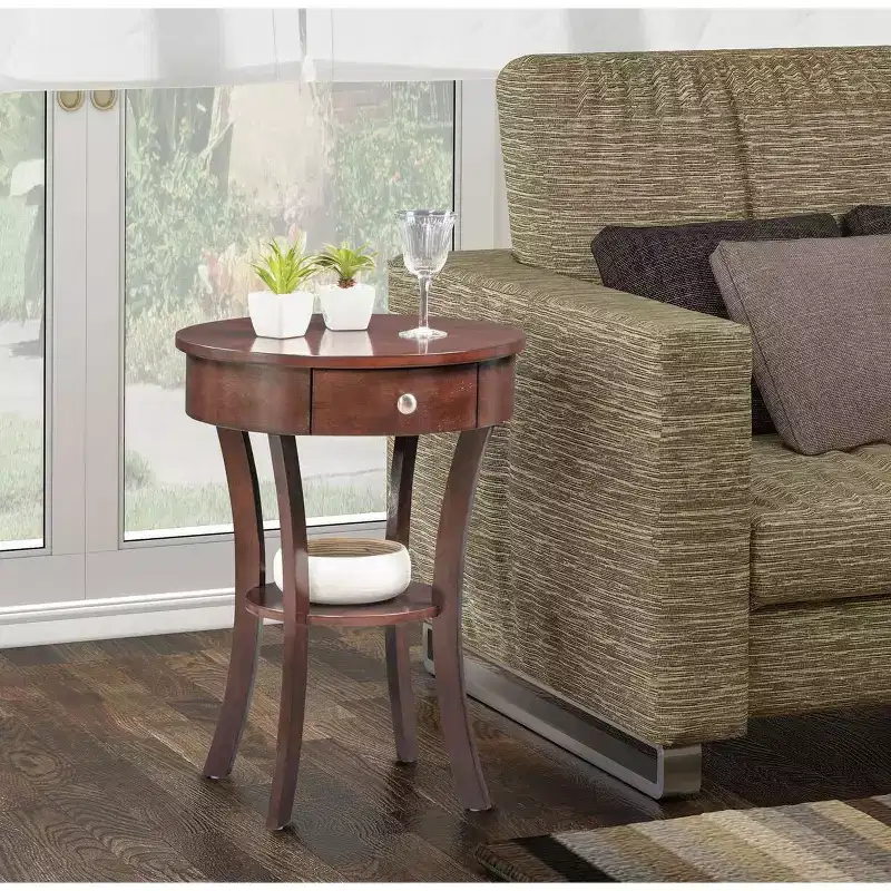 End Table with Drawer and Shelf, Solid Wood Accent Table with Curved Legs and Concealed Storage for Living Room Decor