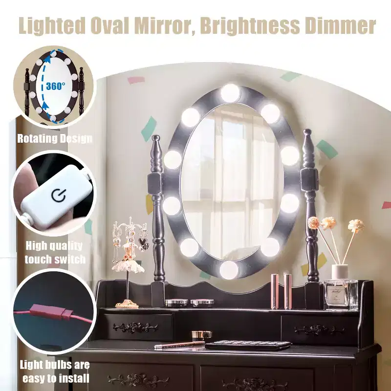 Costway Vanity Table Table 10 Dimmable Bulbs Black White Brown