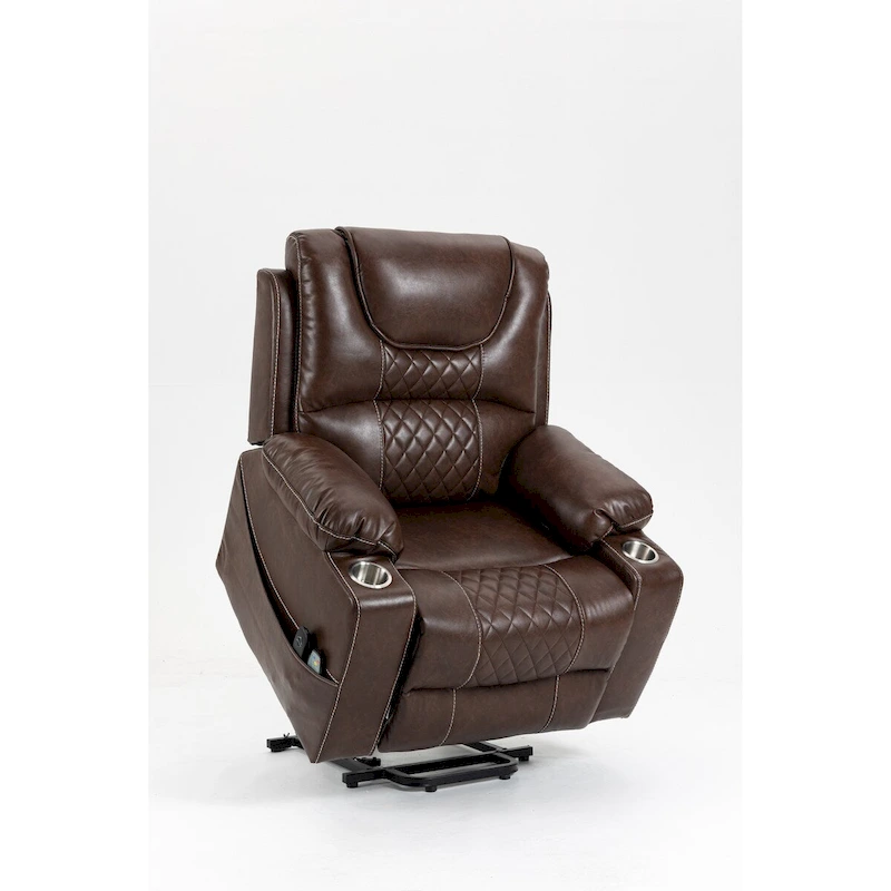 Brown Leather Power Lift Recliner, Multi-Function Massage, Heating, Cup Holders