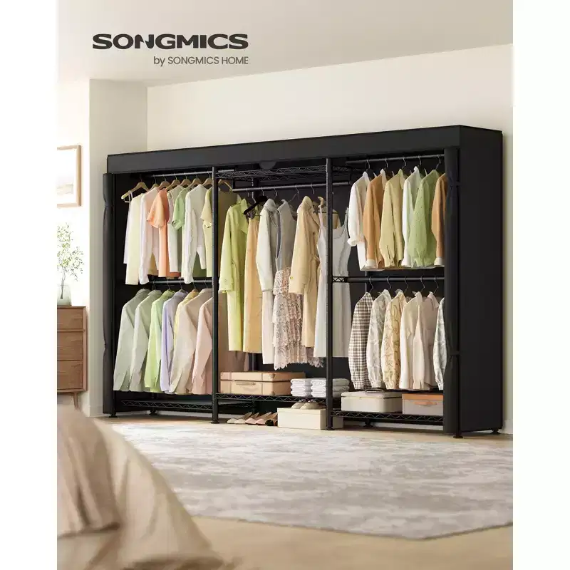 Heavy-Duty Rolling Clothes Rack, Portable Closet on Wheels, with Adjustable Mesh Shelves and Hanging Rails, Fabric Cover, Ink Black