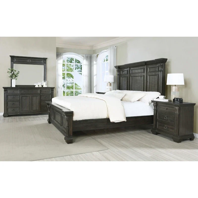 Dark Walnut Wood Panel Bedroom Set – Bed, Dresser, Mirror & 2 Nightstands, King/Queen