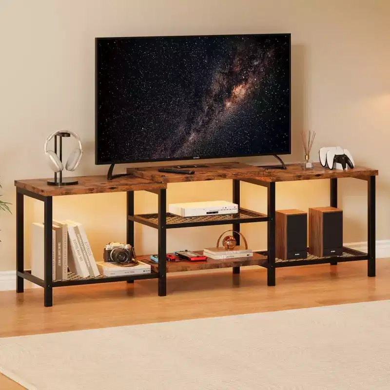 Brown/Grey 3-Tier Open TV Stand with Power Outlet, Fits up to 75
