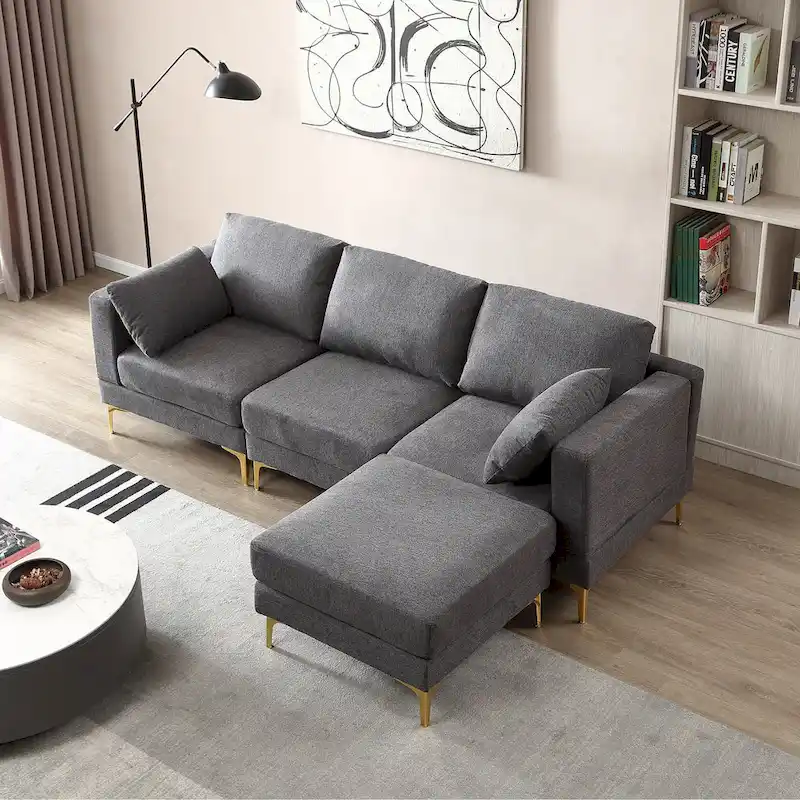 Christopher Knight Home - Beige L-Shape Sectional Sofa with Gold Metal Legs and Ottoman