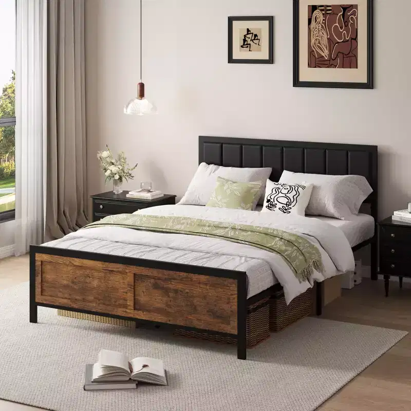 Metal Platform Bed Frame with Wooden Headboard and Rivet, 13 Heavy Duty Iron Slats Support, Large Under-Bed Storage