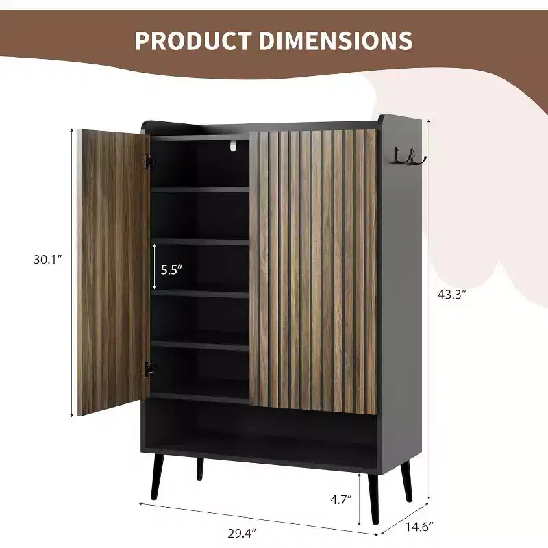 Shoe Cabinet with 2 Doors and Adjustable shelves, Modern 6-Tier Shoe Organizer with Additional Hooks for Hallway, Entryway, Living Room
